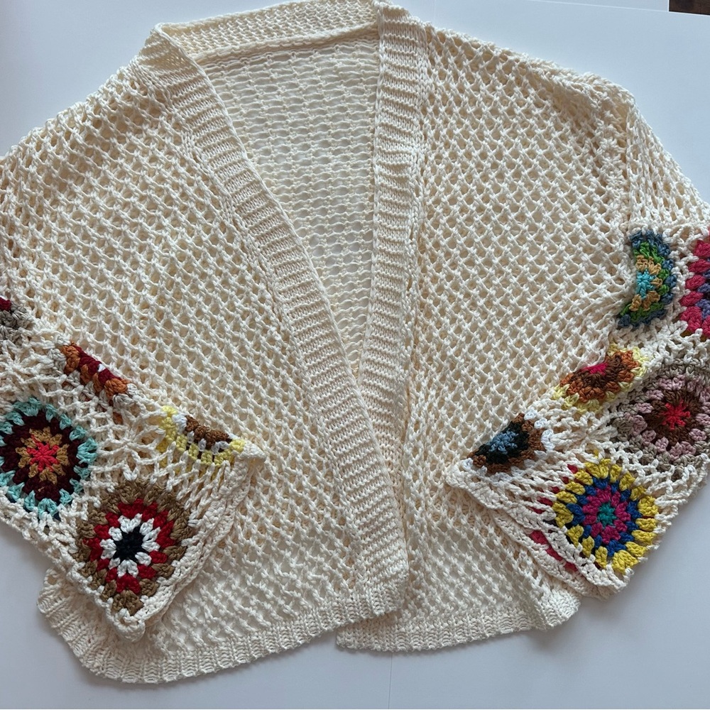 Crochet Open-Front Sweater - Cream with Multicolor Accents